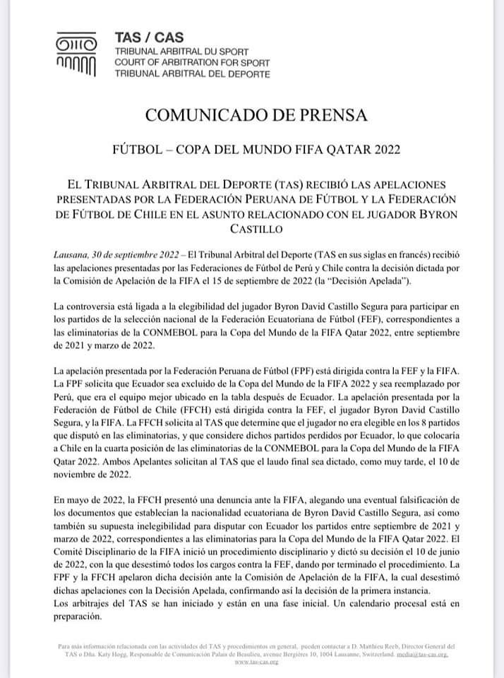 El TAS recibe apelaciones de Perú y Chile por caso Byron Castillo