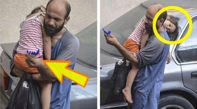 El hombre que vendía bolígrafos en la calle con su hija en brazos, hasta que alguien les tomo una fotografía.