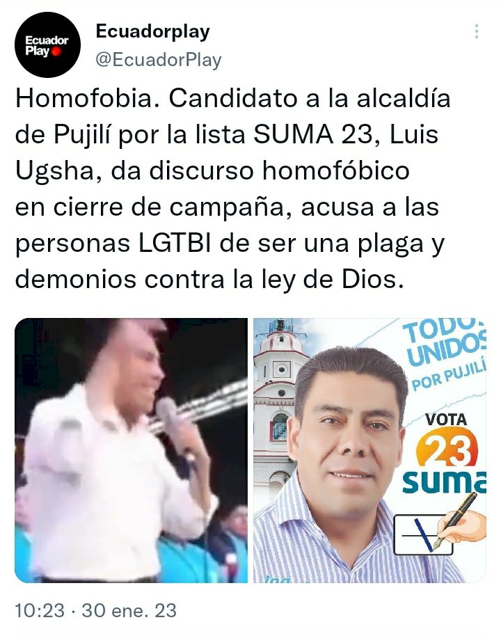 Polémico discurso político de un candidato homofóbico en Pujilí